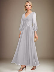 A-line V-Neck Ankle-Length Lace Chiffon Mother of the Bride Dress With Sequins