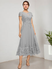 A-line Scoop Illusion Tea-Length Lace Chiffon Mother of the Bride Dress With Sequins