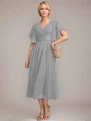 A-line V-Neck Tea-Length Chiffon Mother of the Bride Dress With Pleated Beading