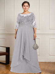 A-line Scoop Illusion Floor-Length Lace Chiffon Mother of the Bride Dress With Cascading Ruffles