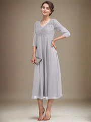 A-line V-Neck Tea-Length Chiffon Lace Mother of the Bride Dress With Beading