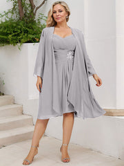 Sheath/Column Sweetheart Knee-Length Chiffon Mother of the Bride Dress With Beading Appliques Lace Sequins Pleated