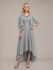 A-line V-Neck Asymmetrical Chiffon Mother of the Bride Dress With Beading Sequins