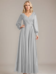 A-line V-Neck Floor-Length Chiffon Mother of the Bride Dress With Sequins Appliques Lace Pleated