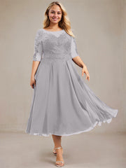 A-line Scoop Illusion Tea-Length Lace Chiffon Mother of the Bride Dress With Sequins