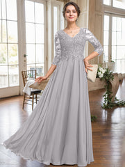 A-line V-Neck Floor-Length Lace Chiffon Mother of the Bride Dress With Sequins