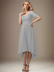 A-line V-Neck Asymmetrical Lace Chiffon Mother of the Bride Dress With Sequins