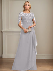A-line Scoop Illusion Floor-Length Lace Chiffon Mother of the Bride Dress With Cascading Ruffles Sequins