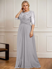 A-line Scoop Illusion Floor-Length Chiffon Lace Mother of the Bride Dress With Pleated Sequins Beading