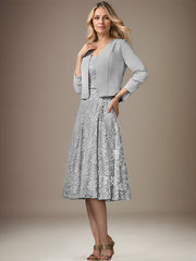 A-line V-Neck Knee-Length Chiffon Lace Mother of the Bride Dress With Beading Sequins