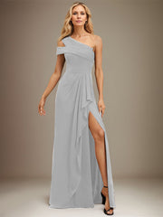 Sheath/Column Cold Shoulder One Shoulder Floor-Length Chiffon Evening Dress With Cascading Ruffles