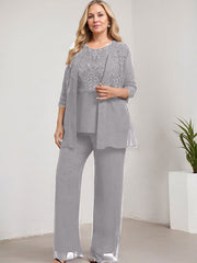 Separates Pantsuit Scoop Floor-Length Lace Chiffon Mother of the Bride Dress With Sequins