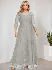 A-line Scoop Illusion Floor-Length Tulle Lace Mother of the Bride Dress With Sequins