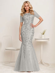 Floral Sequin Print Maxi Long Fishtail Tulle Mother Of The Bride Dresses