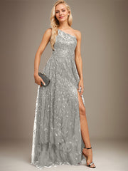A-line One Shoulder Illusion Floor-Length Sequin Lace Evening Dress