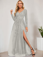 A-line V-Neck Floor-Length Tulle Prom Dresses With Sequins Appliques Lace Beading