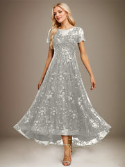 A-line Scoop Illusion Asymmetrical Sequin Lace Evening Dress