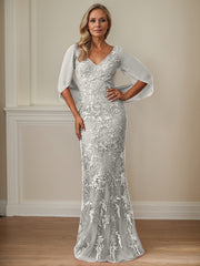 Sheath V-Neck Floor-Length Tulle Mother of the Bride Dress