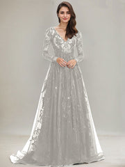 Ball-Gown/Princess V-Neck Sweep Train Tulle Lace Evening Dress With Sequins
