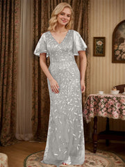 Sheath V-neck Short Sleeves Floor-Length Lace Mother of the Bride Dress