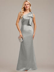 Sheath/Column One Shoulder Floor-Length Satin Evening Dress With Bow Pleated