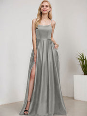A-line Square Floor-Length Satin Evening Dress