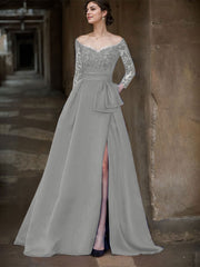 A-Line Off-The-Shoulder 3/4 Sleeves Sweep Train Lace/Satin Mother Of The Bride Dresses With Split Front