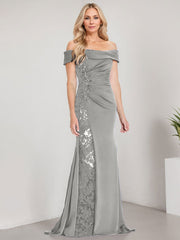 A-Line Off the Shoulder Floor-Length Chiffon Mother of the Bride Dress Applique Beadings Mermaid Dress With  High Split