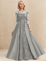 A-line Scoop Illusion Floor-Length Satin Lace Evening Dress With Sequins