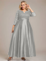 A-line V-Neck Ankle-Length Lace Satin Mother of the Bride Dress With Rhinestone