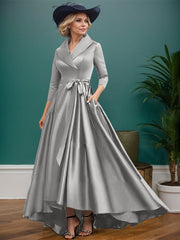 A-Line V-Neck 3/4 Sleeves Satin Mother Of The Bride Dresses With Pockets