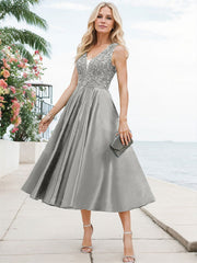A-Line V-Neck Sleeveless Tea-Length Satin Mother Of The Bride Dresses With Lace