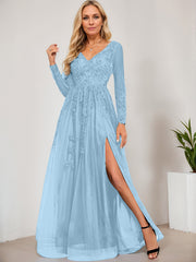 A-line V-Neck Floor-Length Tulle Prom Dresses With Sequins Appliques Lace Beading