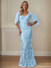 Sheath V-Neck Floor-Length Tulle Mother of the Bride Dress