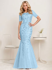 Floral Sequin Print Maxi Long Fishtail Tulle Mother Of The Bride Dresses