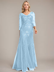 Trumpet/Mermaid Illusion V-Neck Floor-Length Tulle Sequin Lace Mother of the Bride Dress