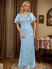 Sheath V-neck Short Sleeves Floor-Length Lace Mother of the Bride Dress
