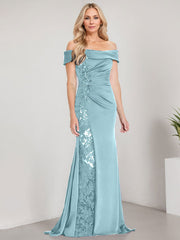 A-Line Off the Shoulder Floor-Length Chiffon Mother of the Bride Dress Applique Beadings Mermaid Dress With  High Split