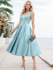 A-Line V-Neck Sleeveless Tea-Length Satin Mother Of The Bride Dresses With Lace