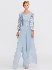 3 Piece Chiffon Square Neck Mother of the Bride Pantsuits with Jacket