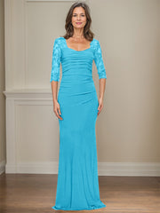 Sheath/Column Square Neckline 3/4 Sleeves Floor-Length Jersey Mother Of The Bride Dresses With Lace