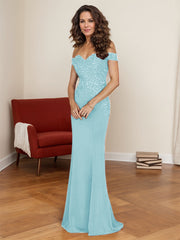Off-The-Shoulder Elegant Elastic Satin Mother Of The Bride Dresses With Beaded Embroidery
