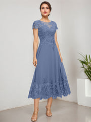 A-line Scoop Illusion Tea-Length Lace Chiffon Mother of the Bride Dress With Sequins
