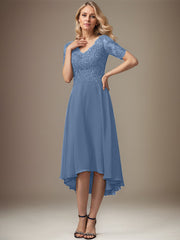 A-line V-Neck Asymmetrical Lace Chiffon Mother of the Bride Dress With Sequins