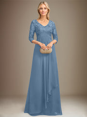 Empire V-Neck Floor-Length Lace Chiffon Mother of the Bride Dress With Cascading Ruffles Sequins