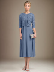 A-line Scoop Tea-Length Chiffon Mother of the Bride Dress With Pleated