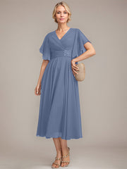 A-line V-Neck Tea-Length Chiffon Mother of the Bride Dress With Pleated Beading