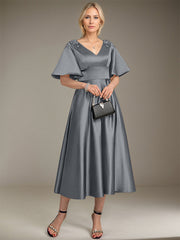 A-line V-Neck Tea-Length Satin Mother of the Bride Dress With Beading