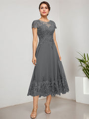 A-line Scoop Illusion Tea-Length Lace Chiffon Mother of the Bride Dress With Sequins