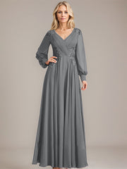 A-line V-Neck Floor-Length Chiffon Mother of the Bride Dress With Sequins Appliques Lace Pleated